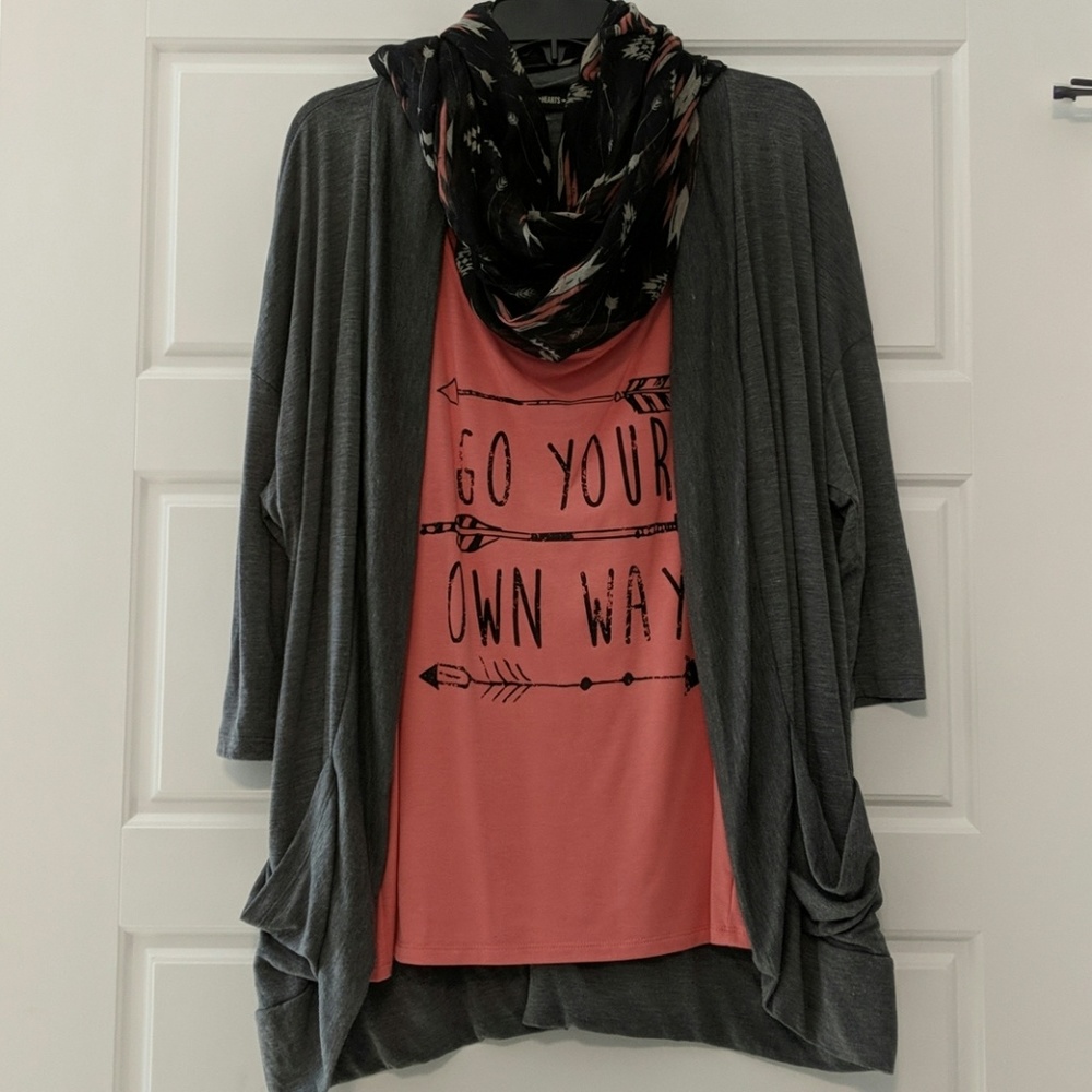 3fer Graphic Tank Cardigan Scarf Shirt Set